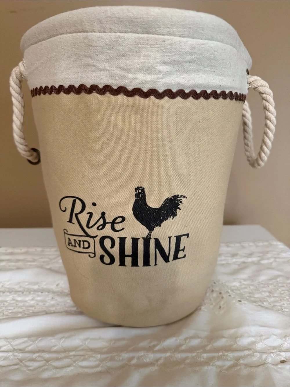 Canvas 'Rise and Shine' Beige Storage Bin with Rope Handles